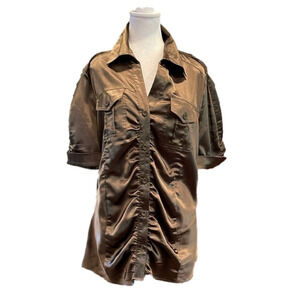 le Chateau XXL Olive brown shiny runched cuffed short sleeve blouse